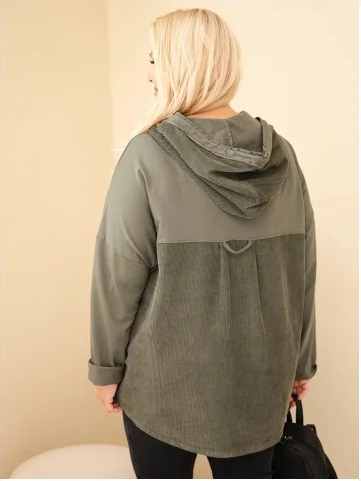 Dámska bavlnená mikina Plus Size s kapucňou a gombíkmi khaki