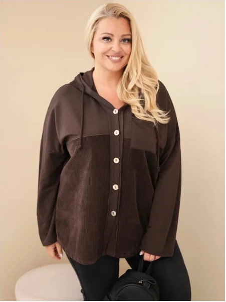 Dámska bavlnená mikina Plus Size s kapucňou a gombíkmi hnedá