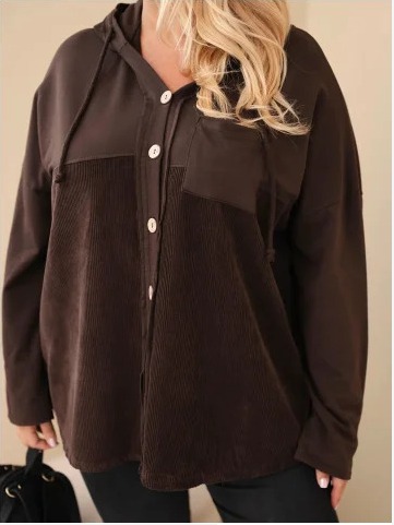Dámska bavlnená mikina Plus Size s kapucňou a gombíkmi hnedá