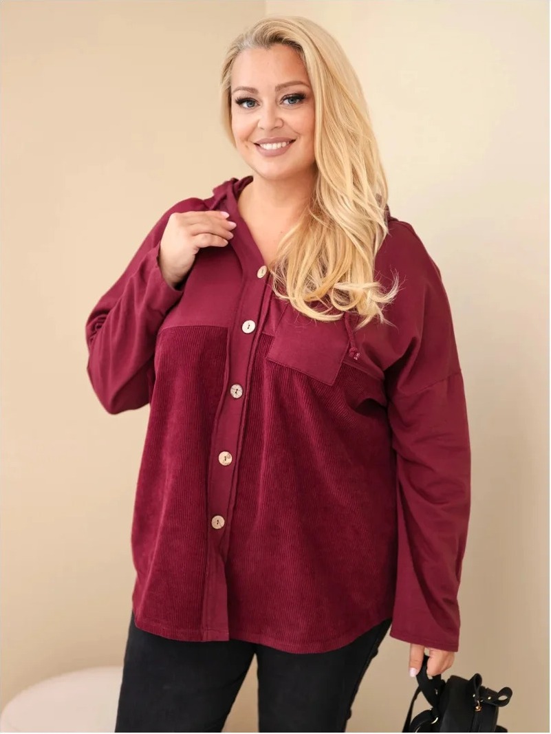 Dámska bavlnená mikina Plus Size s kapucňou a gombíkmi bordová