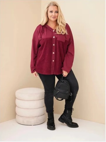 Dámska bavlnená mikina Plus Size s kapucňou a gombíkmi bordová
