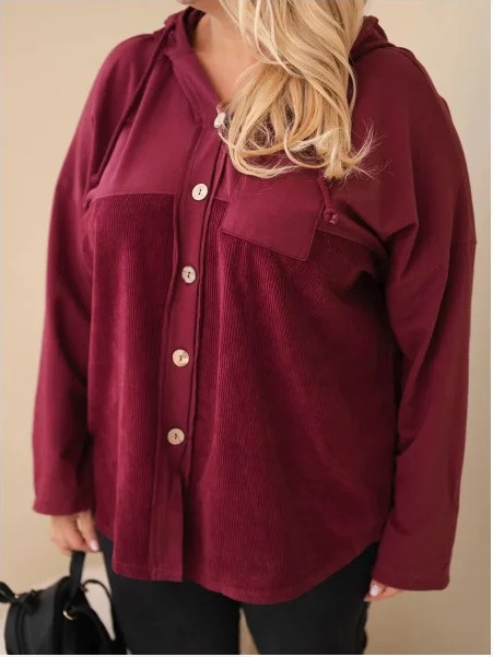 Dámska bavlnená mikina Plus Size s kapucňou a gombíkmi bordová