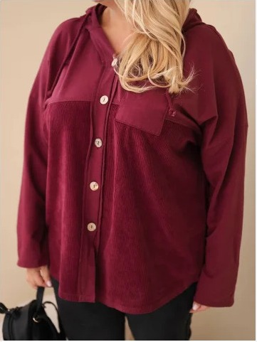Dámska bavlnená mikina Plus Size s kapucňou a gombíkmi bordová