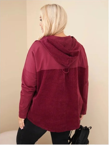 Dámska bavlnená mikina Plus Size s kapucňou a gombíkmi bordová