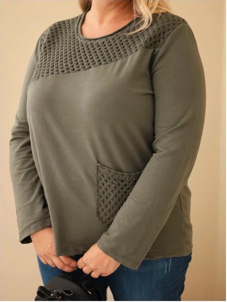 Dámska bavlnená mikina Plus Size s čipkovou vsadkou a vreckom khaki