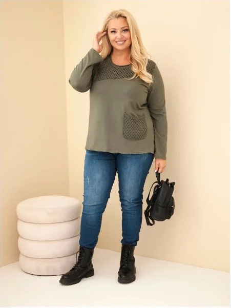 Dámska bavlnená mikina Plus Size s čipkovou vsadkou a vreckom khaki