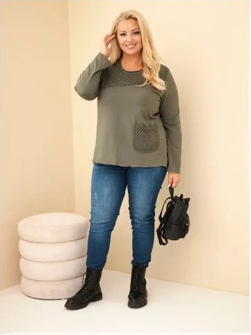 Dámska bavlnená mikina Plus Size s čipkovou vsadkou a vreckom khaki