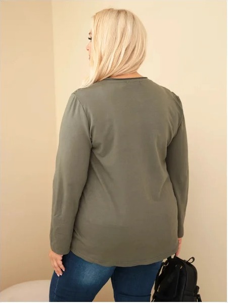 Dámska bavlnená mikina Plus Size s čipkovou vsadkou a vreckom khaki