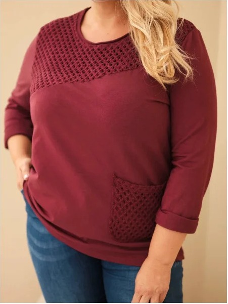 Dámska bavlnená mikina Plus Size s čipkovou vsadkou a vreckom bordová