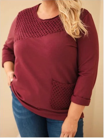 Dámska bavlnená mikina Plus Size s čipkovou vsadkou a vreckom bordová