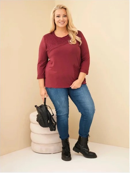 Dámska bavlnená mikina Plus Size s čipkovou vsadkou a vreckom bordová
