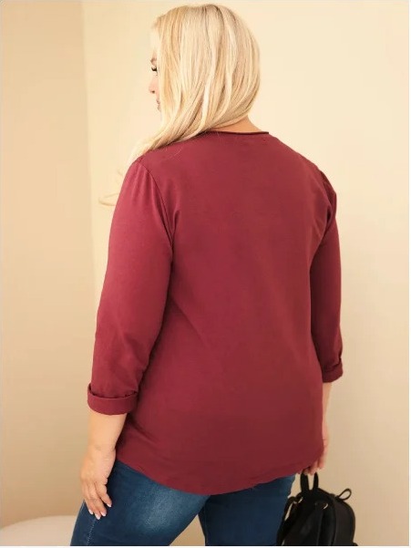 Dámska bavlnená mikina Plus Size s čipkovou vsadkou a vreckom bordová