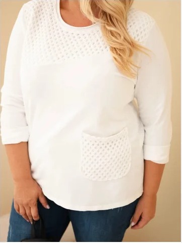 Dámska bavlnená mikina Plus Size s dierkovaným vsadkom a vreckom ecru