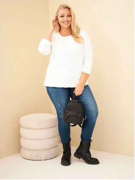 Dámska bavlnená mikina Plus Size s dierkovaným vsadkom a vreckom ecru
