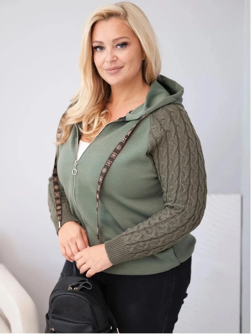 Dámska bavlnená mikina Plus Size s pletenými rukávmi a kapucňou khaki