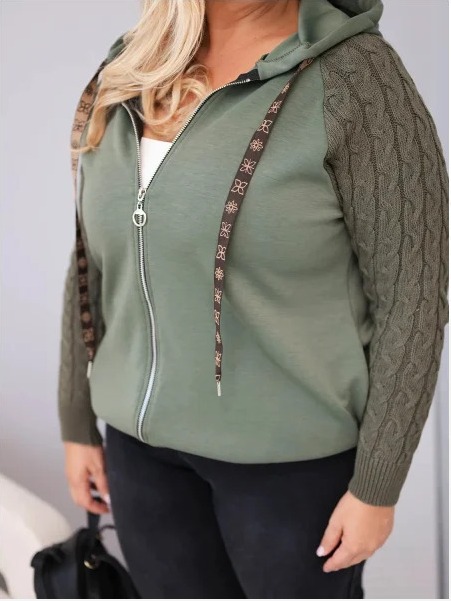 Dámska bavlnená mikina Plus Size s pletenými rukávmi a kapucňou khaki