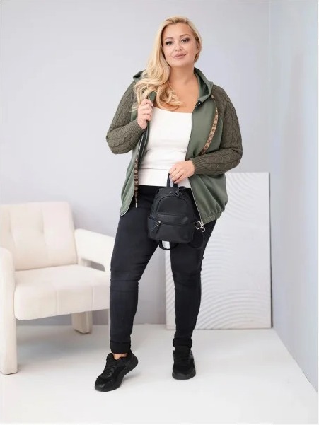 Dámska bavlnená mikina Plus Size s pletenými rukávmi a kapucňou khaki