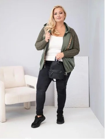 Dámska bavlnená mikina Plus Size s pletenými rukávmi a kapucňou khaki