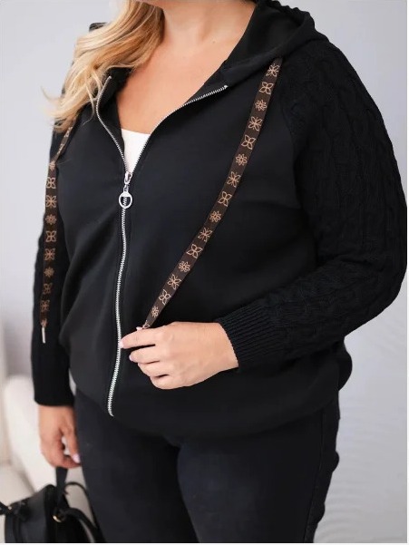 Dámska bavlnená mikina Plus Size so svetrovými rukávmi a kapucňou čierna