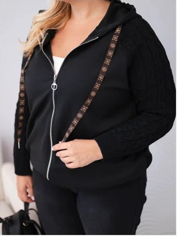 Dámska bavlnená mikina Plus Size so svetrovými rukávmi a kapucňou čierna