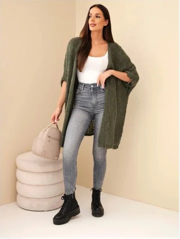 Dámsky oversize sveter s voľným pletením bez zapínania khaki