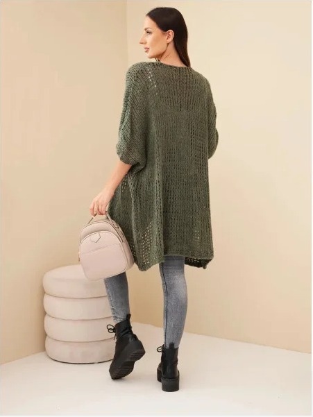 Dámsky oversize sveter s voľným pletením bez zapínania khaki