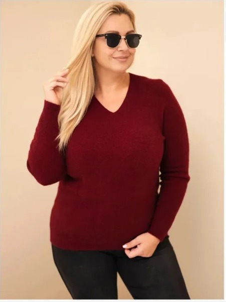 Dámsky sveter Plus Size z baby alpaky s dlhým rukávom bordový czerwony