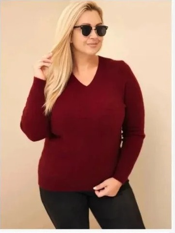 Dámsky sveter Plus Size z baby alpaky s dlhým rukávom bordový czerwony