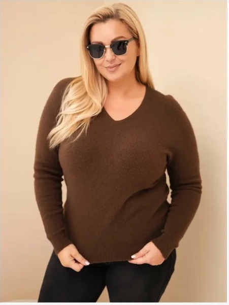Dámsky sveter Plus Size z baby alpaky s dlhým rukávom hnedý