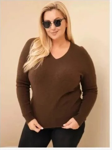 Dámsky sveter Plus Size z baby alpaky s dlhým rukávom hnedý