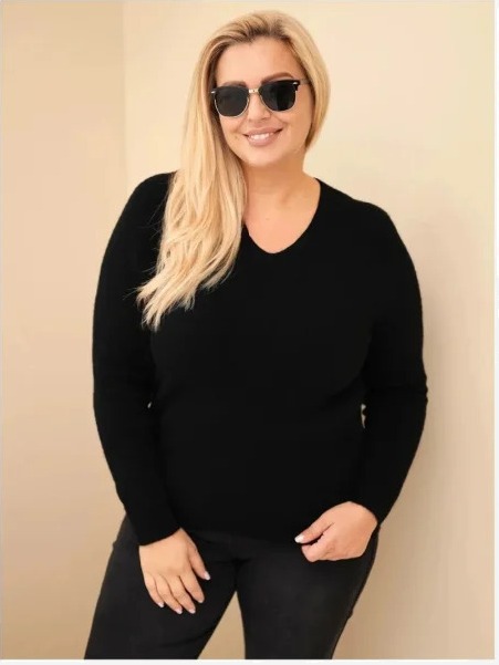 Dámsky sveter Plus Size z baby alpaky s dlhým rukávom čierny