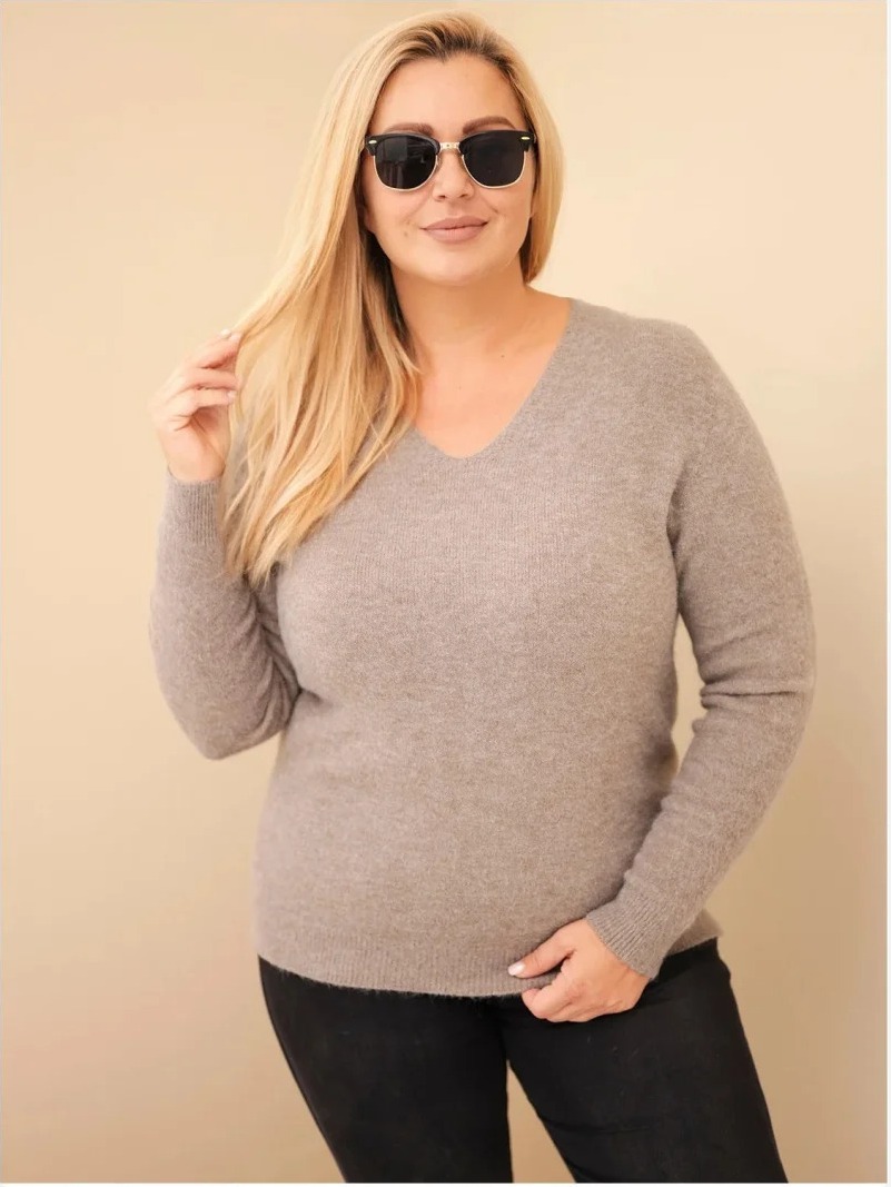 Dámsky sveter Plus Size z baby alpaky s dlhým rukávom fango zelená