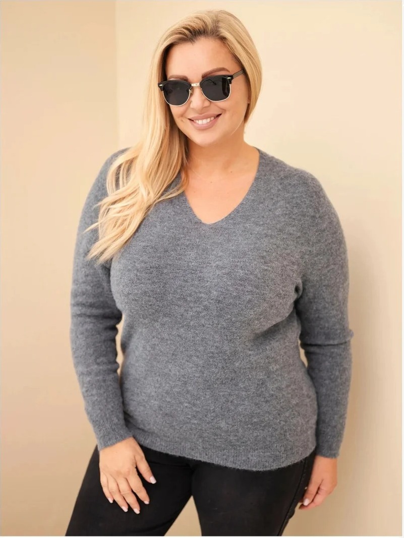 Dámsky sveter Plus Size z baby alpaky s dlhým rukávom grafitový