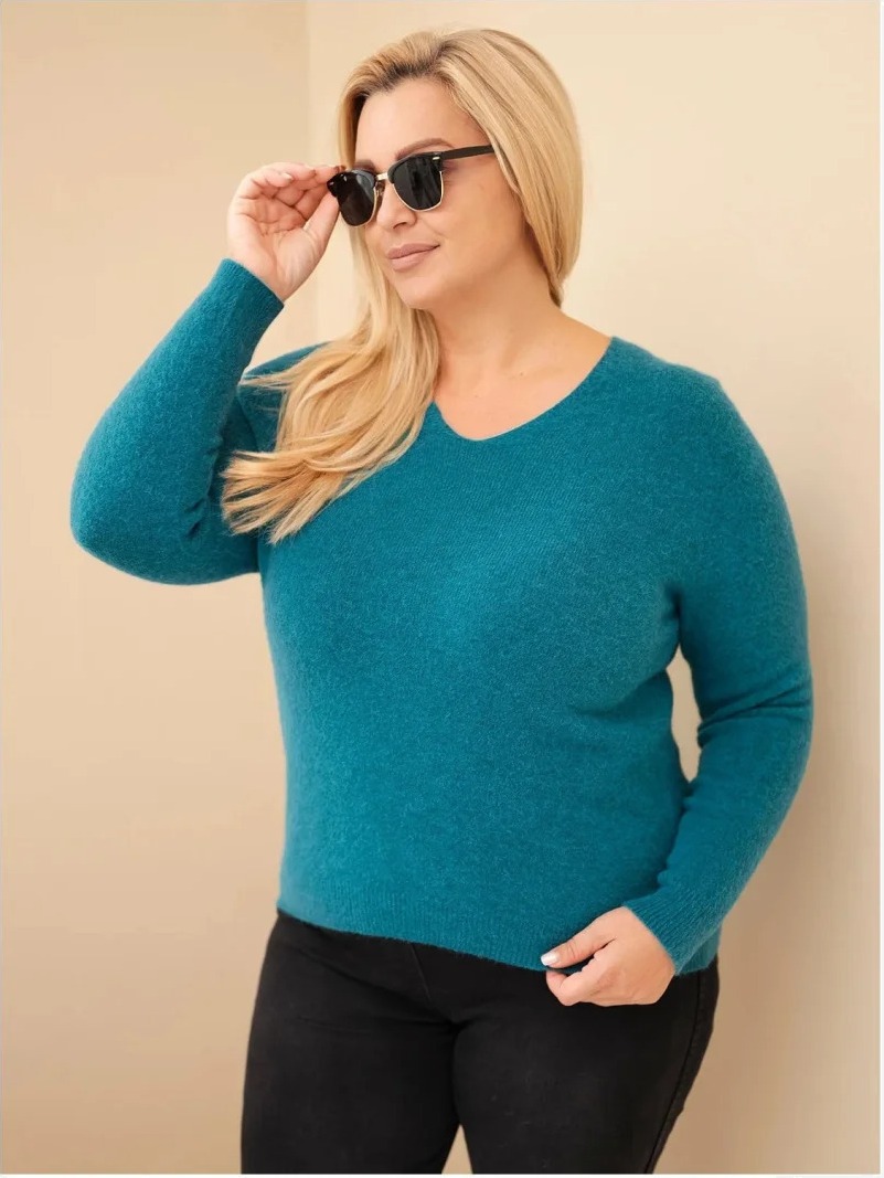 Dámsky pulóver Plus Size z baby alpaky s dlhým rukávom morská