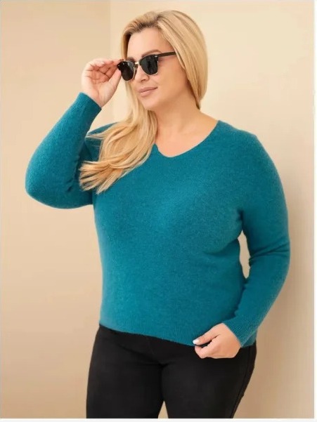 Dámsky pulóver Plus Size z baby alpaky s dlhým rukávom morská