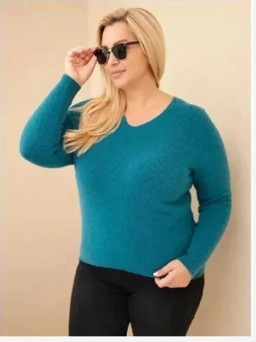 Dámsky pulóver Plus Size z baby alpaky s dlhým rukávom morská