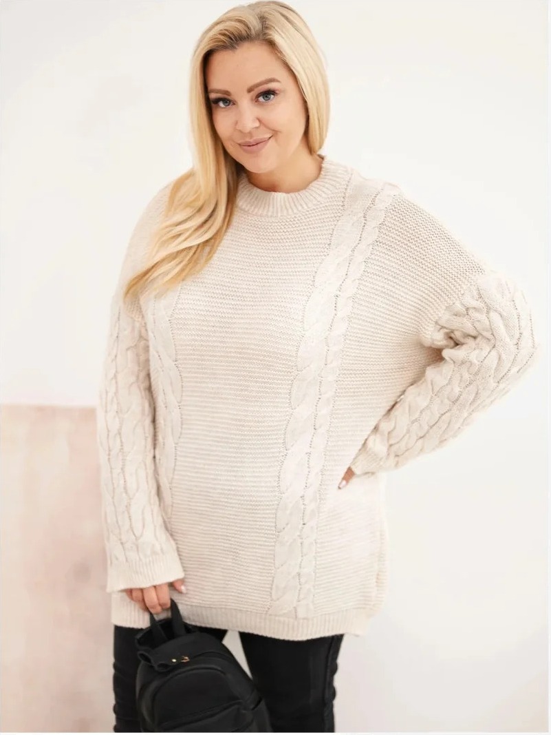 Dámsky sveter Plus Size s vrkočovým vzorom béžový