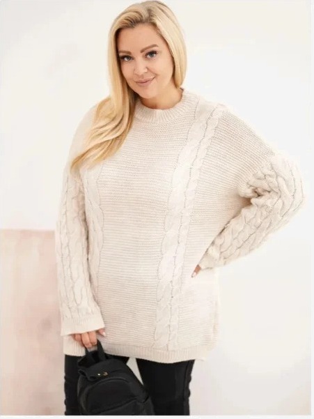 Dámsky sveter Plus Size s vrkočovým vzorom béžový