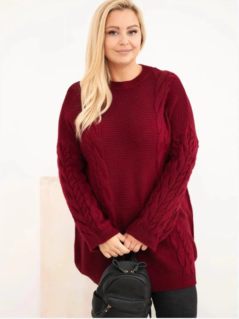 Dámsky sveter Plus Size s copánkovým vzorom bordová czerwony