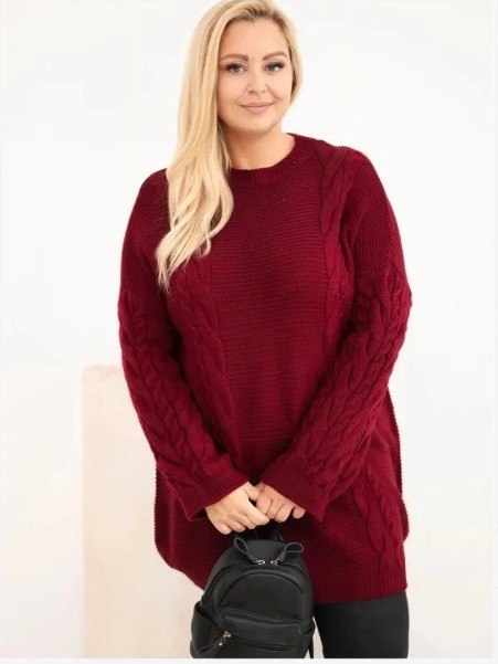 Dámsky sveter Plus Size s copánkovým vzorom bordová czerwony