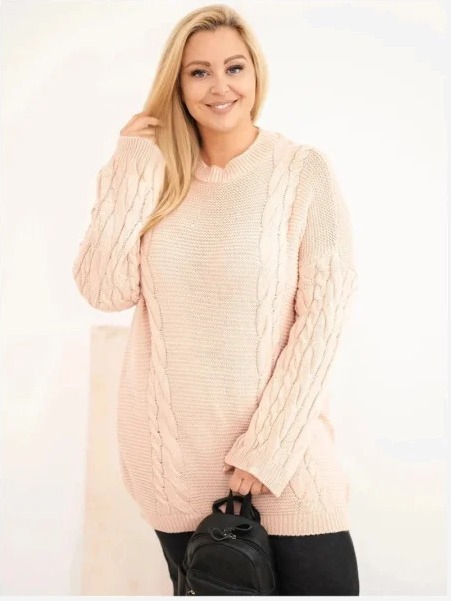 Dámsky sveter Plus Size s vrkočovým vzorom tmavá pudrová ružová
