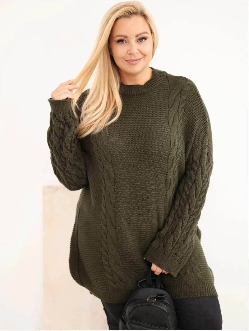 Dámsky sveter Plus Size s vrkočovým vzorom khaki