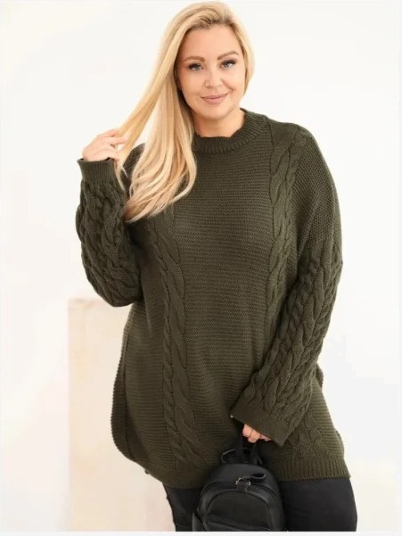 Dámsky sveter Plus Size s vrkočovým vzorom khaki