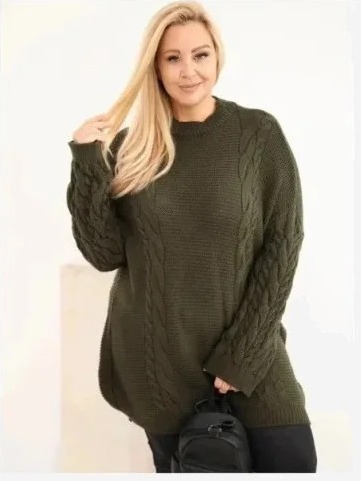 Dámsky sveter Plus Size s vrkočovým vzorom khaki