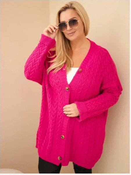 Dámsky kardigán Plus Size s gombíkmi a vrkočovým vzorom fuksia