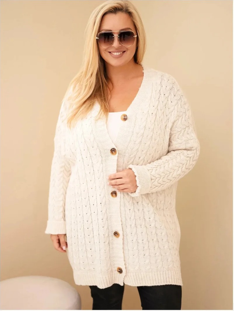 Dámsky kardigán Plus Size s gombíkmi a vrkočovým vzorom béžový