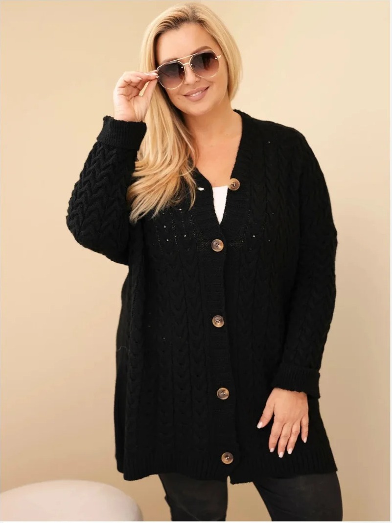 Dámsky kardigán Plus Size s gombíkmi a vrkočovým vzorom čierny