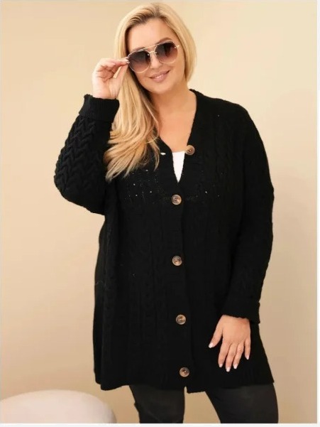 Dámsky kardigán Plus Size s gombíkmi a vrkočovým vzorom čierny