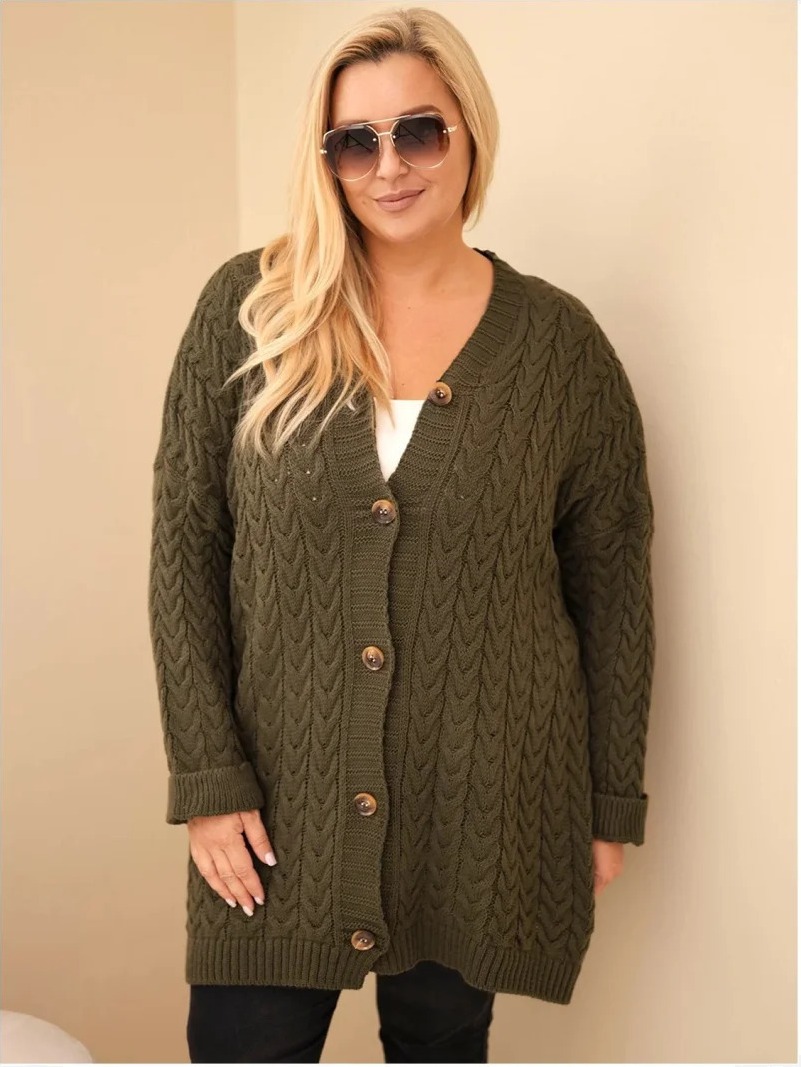Dámsky kardigán Plus Size s gombíkmi a vrkočovým vzorom khaki