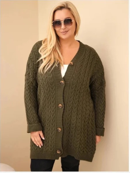 Dámsky kardigán Plus Size s gombíkmi a vrkočovým vzorom khaki